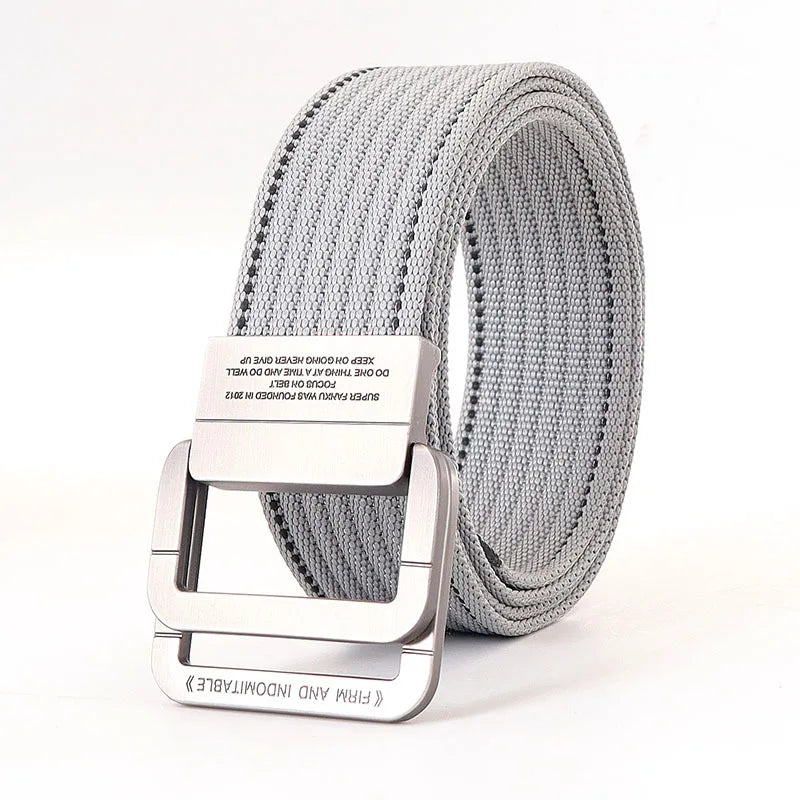 Cintura unisex in tela a righe – Cinturino casual con fibbia in metallo a doppio anello