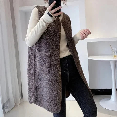Elegante gilet lungo in misto lana da donna – Giacca senza maniche minimalista e calda