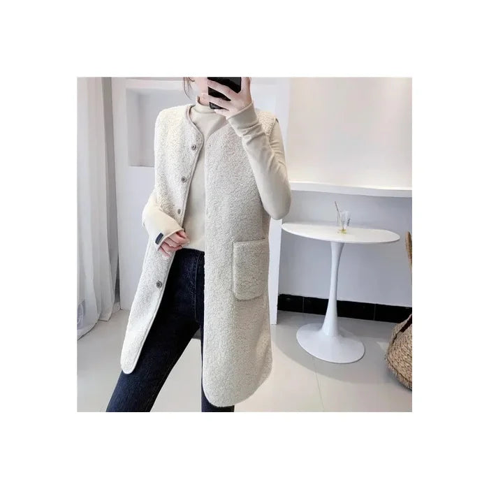 Elegante gilet lungo in misto lana da donna – Giacca senza maniche minimalista e calda