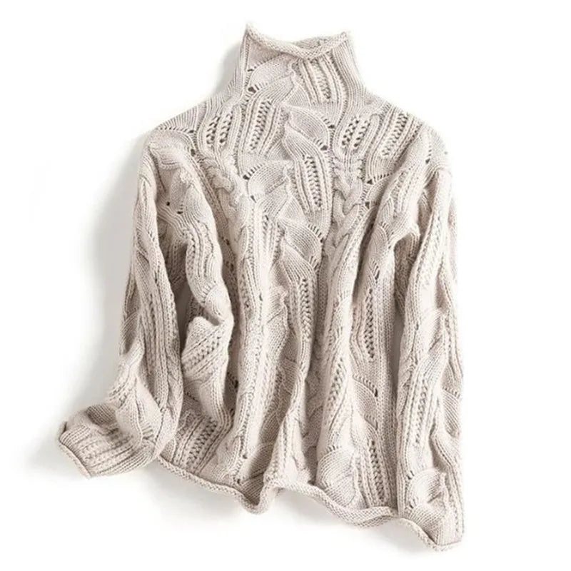 Pull Femme en Maille Torsadée à Col Montant – Pull à Manches Longues