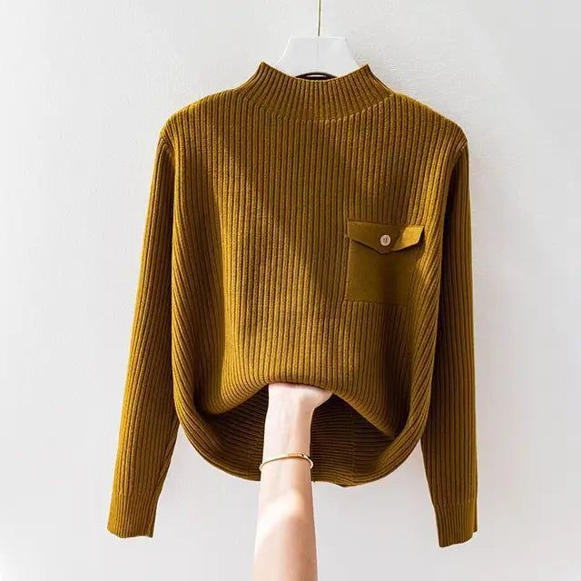 Elegante maglione a collo alto in maglia a coste da donna – Comodo pullover a maniche lunghe