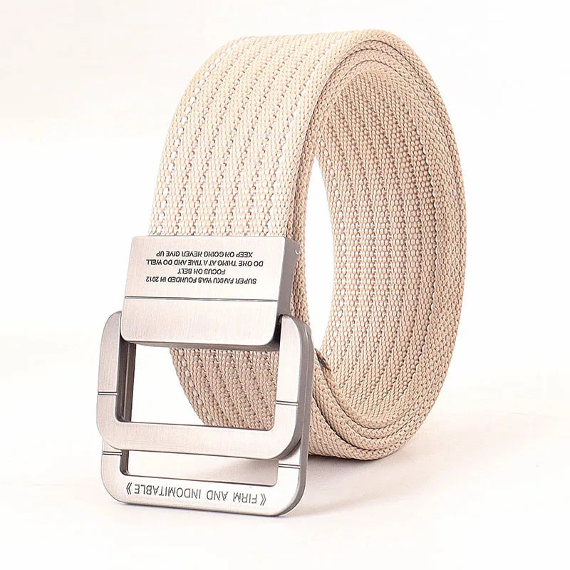 Cintura unisex in tela a righe – Cinturino casual con fibbia in metallo a doppio anello