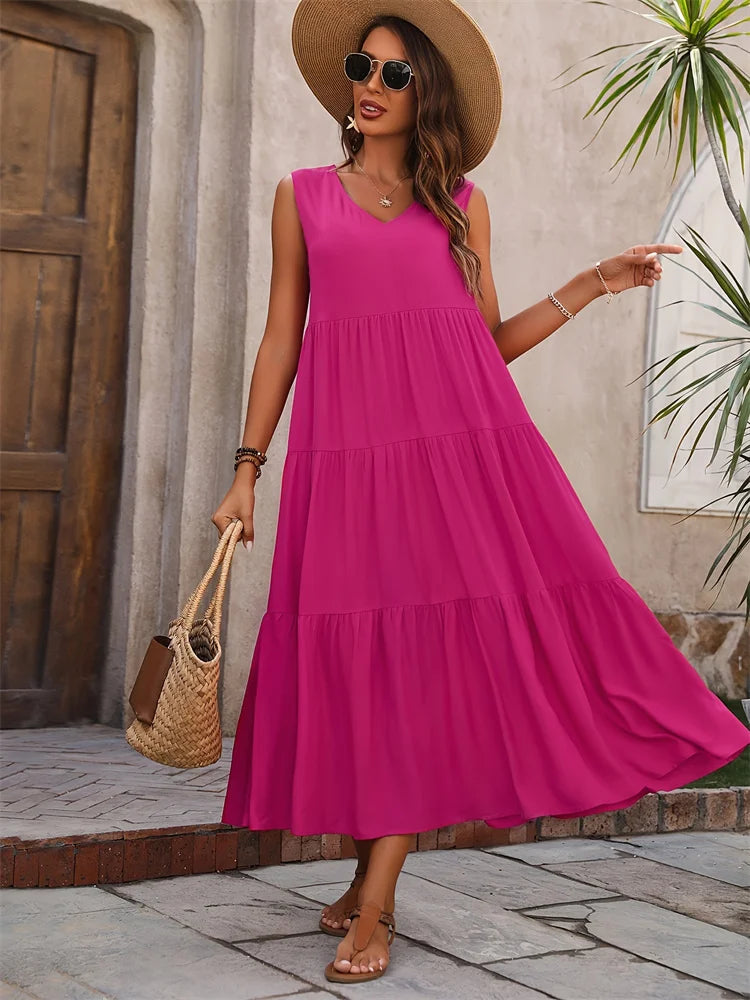 Abito lungo da donna senza maniche a balze – Stile estivo casual, leggero e svolazzante