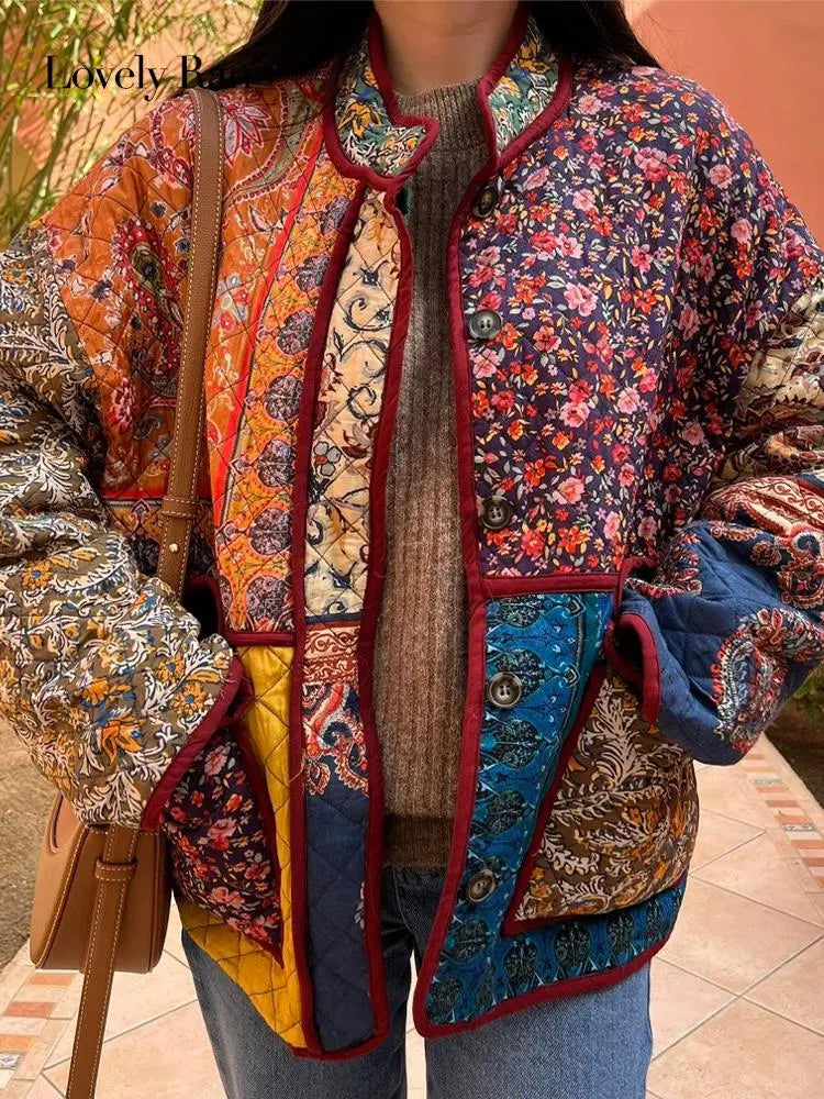 Giacca trapuntata reversibile da donna con stampa floreale colorata - Stile bohémien spesso e foderato