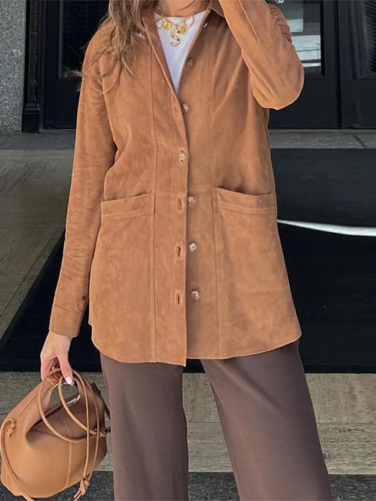 Giacca con risvolto e tasca - Cappotto autunnale versatile e caldo a maniche lunghe da donna