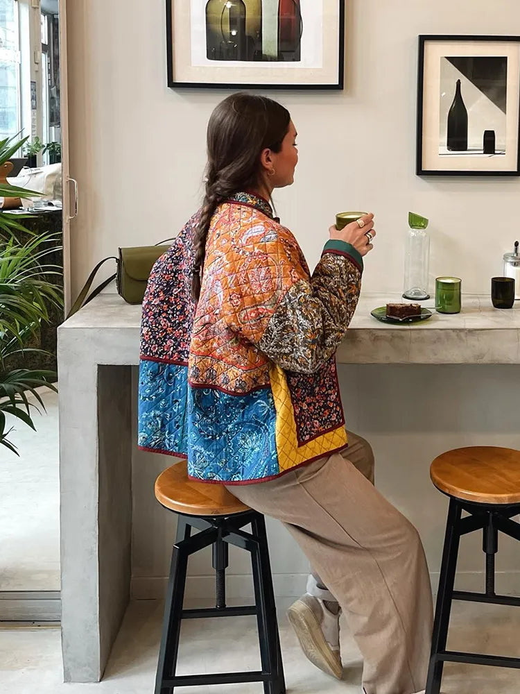 Giacca trapuntata reversibile da donna con stampa floreale colorata - Stile bohémien spesso e foderato
