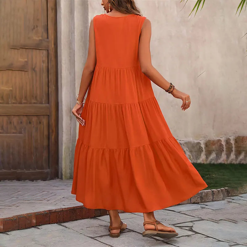 Abito lungo da donna senza maniche a balze – Stile estivo casual, leggero e svolazzante