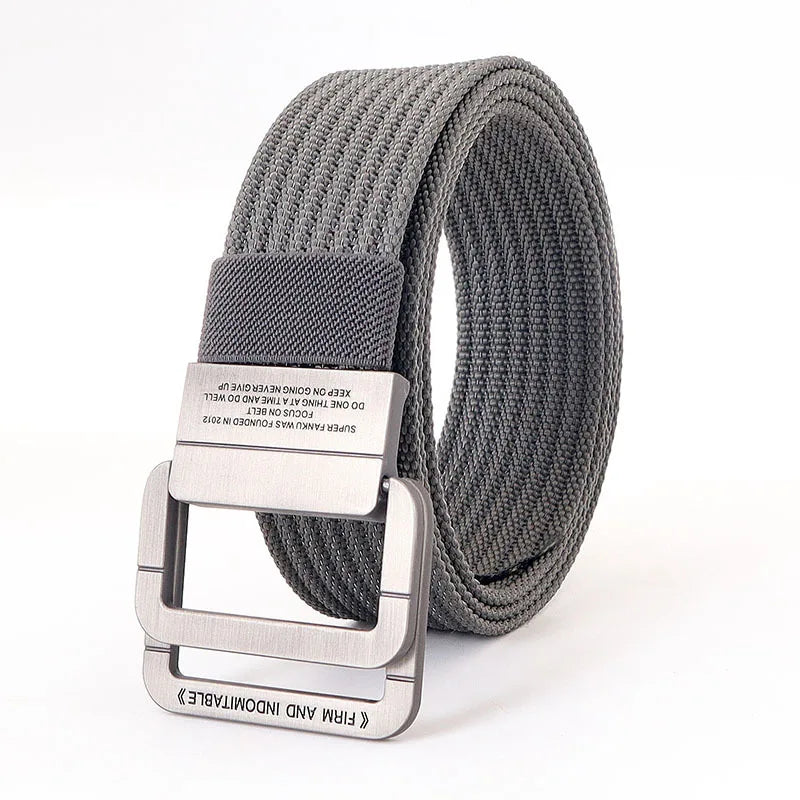 Cintura unisex in tela a righe – Cinturino casual con fibbia in metallo a doppio anello