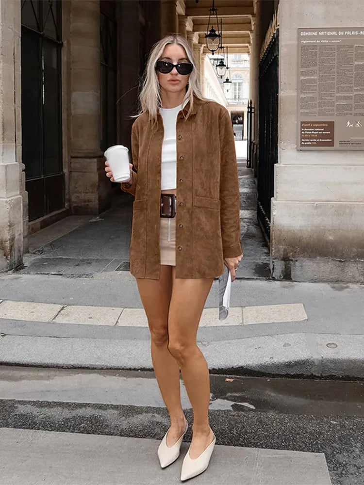 Giacca con risvolto e tasca - Cappotto autunnale versatile e caldo a maniche lunghe da donna