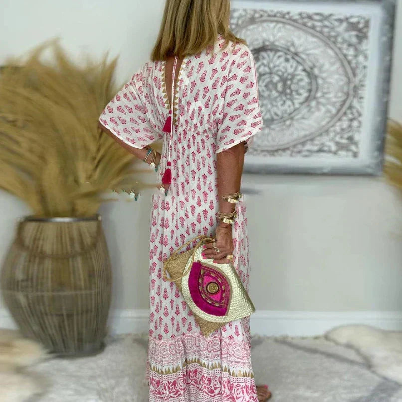 Abito lungo donna bohémien stampato – Vestito maxi scollo a V maniche corte stile boho chic estivo