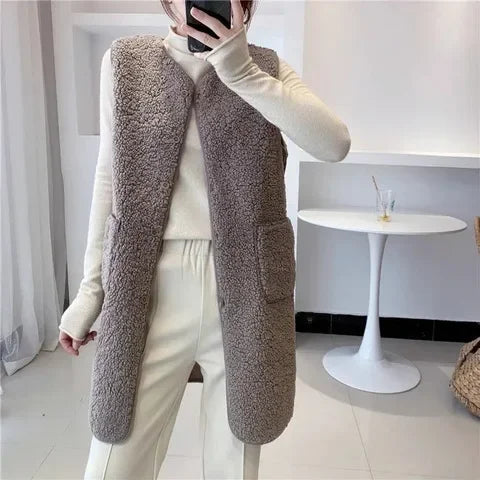Elegante gilet lungo in misto lana da donna – Giacca senza maniche minimalista e calda