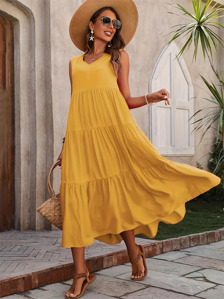 Abito lungo da donna senza maniche a balze – Stile estivo casual, leggero e svolazzante