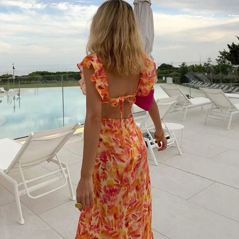 Elegante abito estivo con volant per donna – Abito lungo senza maniche con schiena scoperta