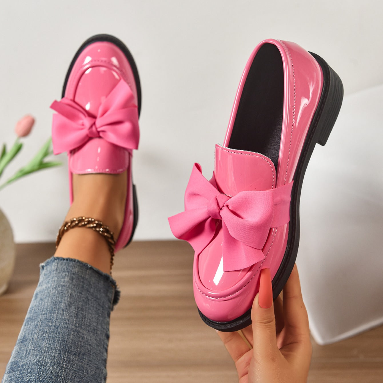 Mocassini in Pelle Slip-On – Scarpe Eleganti con Fiocco e Suola Platform
