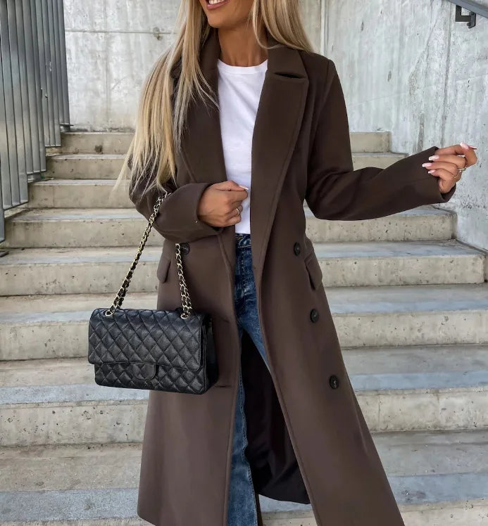 Cappotto lungo doppiopetto elegante e caldo da donna con cintura | Look classico ideale per autunno/inverno