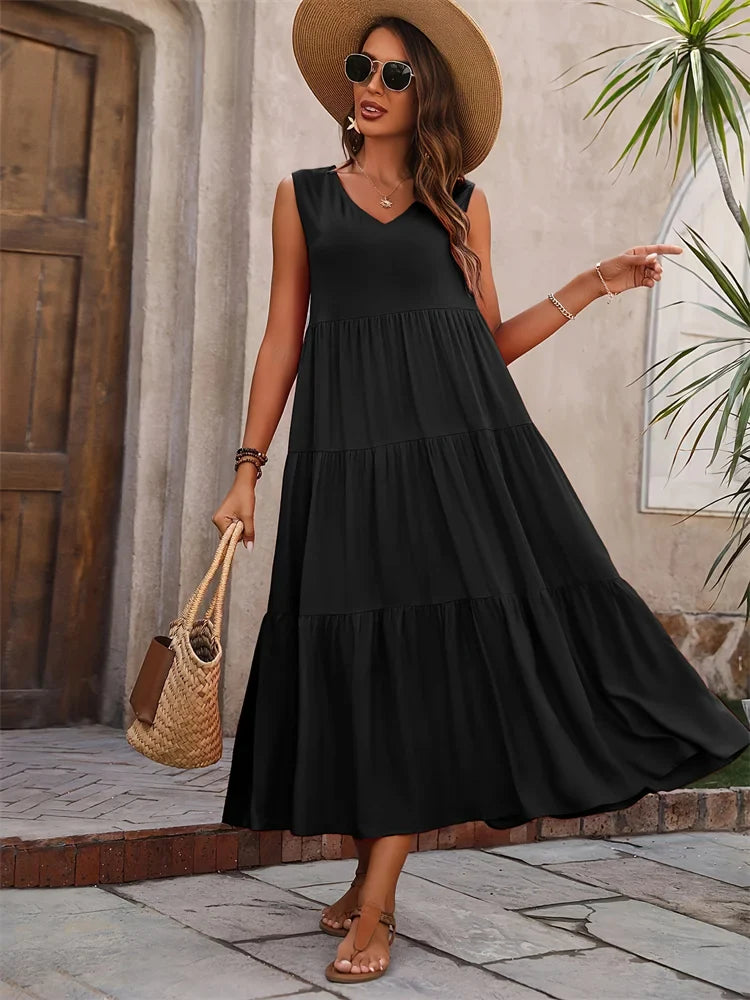 Abito lungo da donna senza maniche a balze – Stile estivo casual, leggero e svolazzante