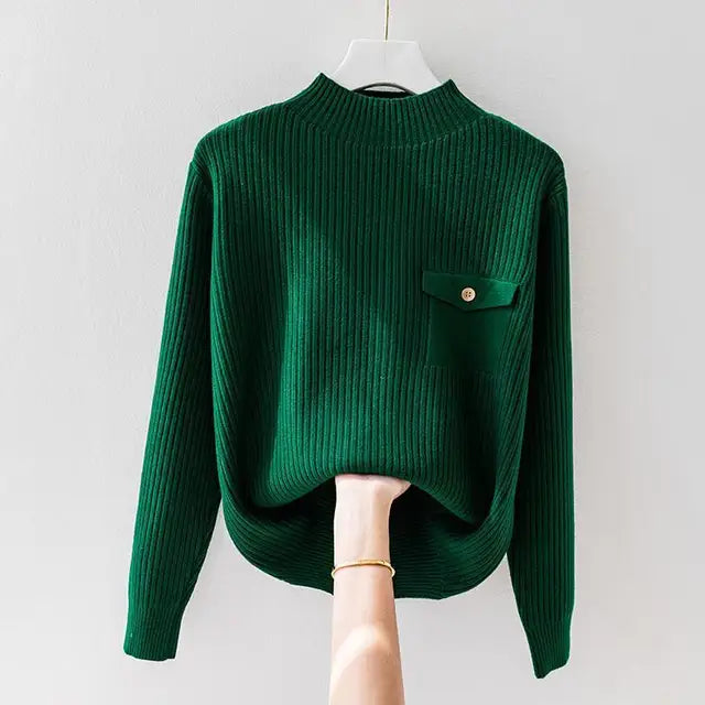 Elegante maglione a collo alto in maglia a coste da donna – Comodo pullover a maniche lunghe