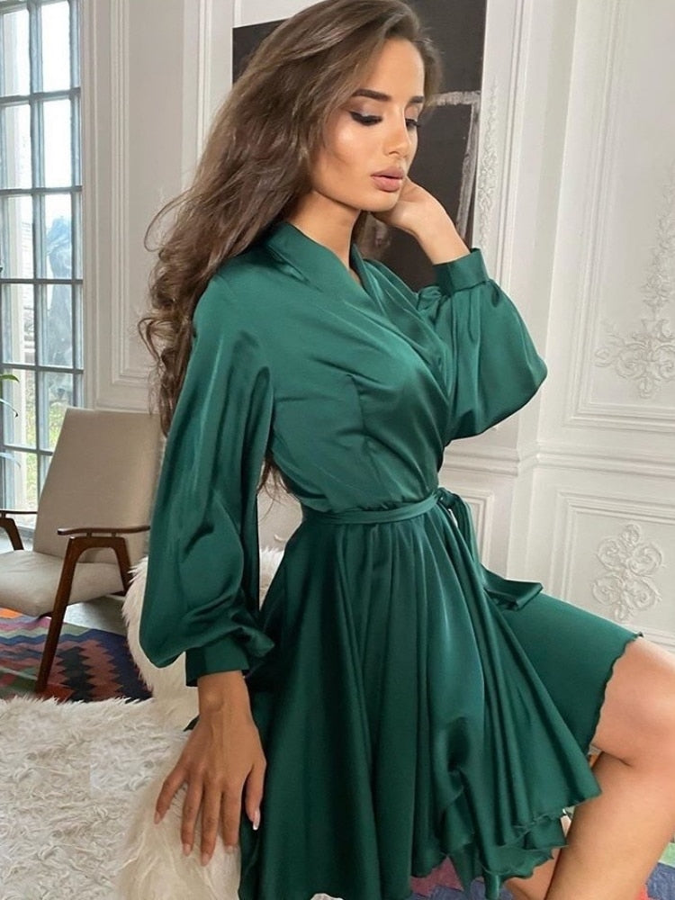 Abito da donna in raso – Maniche lunghe con volant, elegante, perfetto per le feste