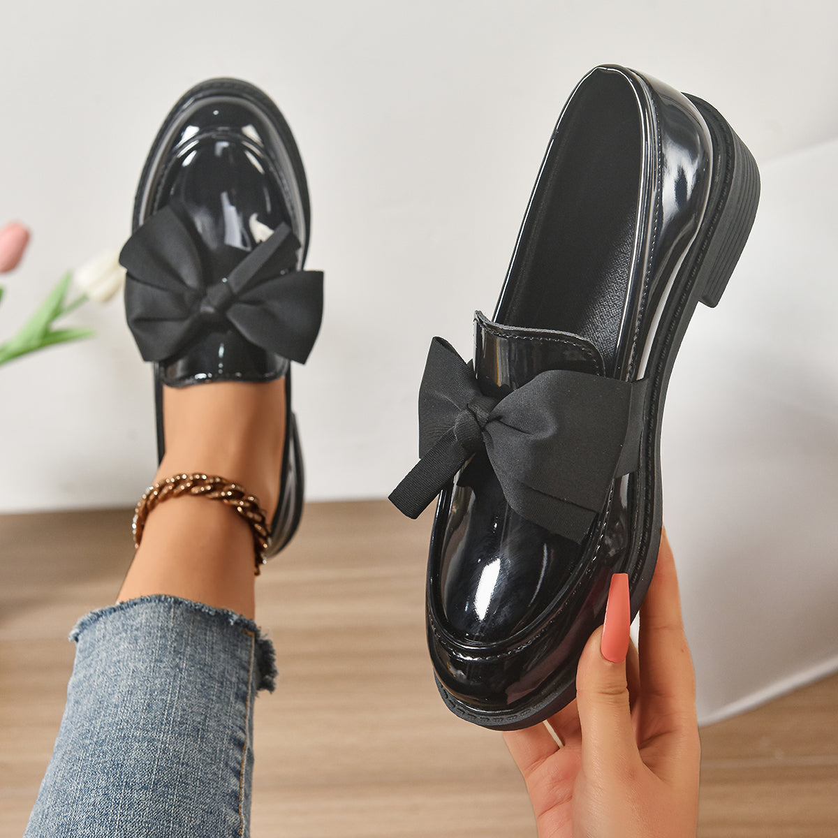 Mocassini in Pelle Slip-On – Scarpe Eleganti con Fiocco e Suola Platform