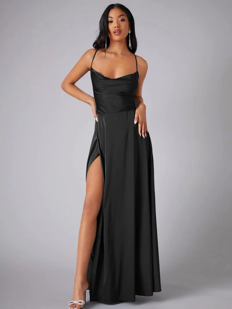 Abito da sera in satin da donna con schiena scoperta e spacco - Elegante e glamour