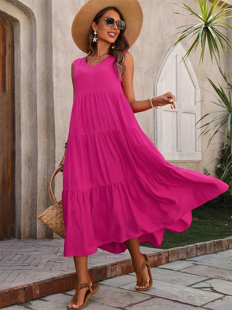 Abito lungo da donna senza maniche a balze – Stile estivo casual, leggero e svolazzante