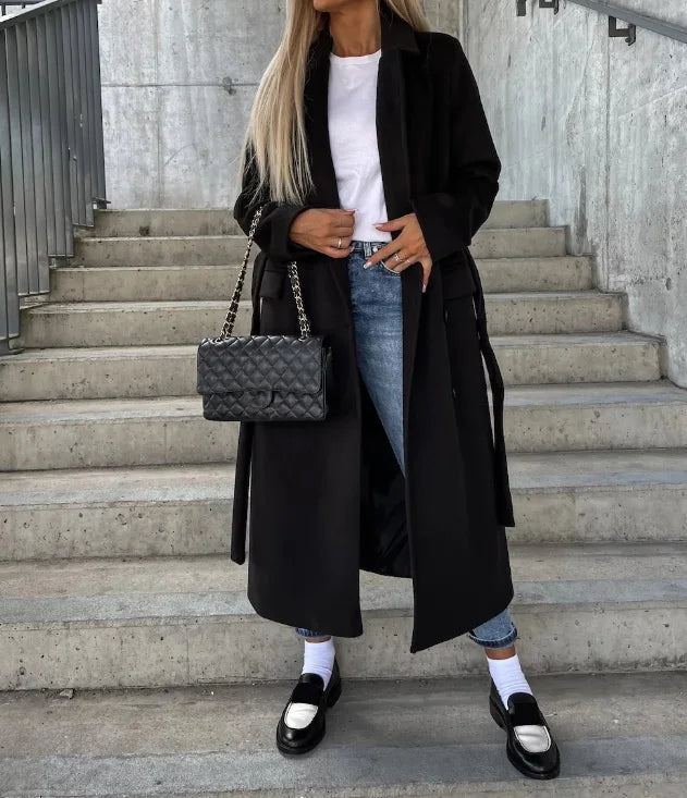 Cappotto lungo doppiopetto elegante e caldo da donna con cintura | Look classico ideale per autunno/inverno