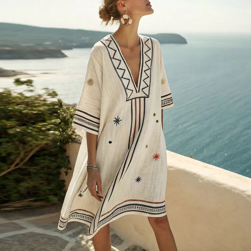 Abito tunica da spiaggia ricamato da donna – bianco blu navy ruggine, scollo a V