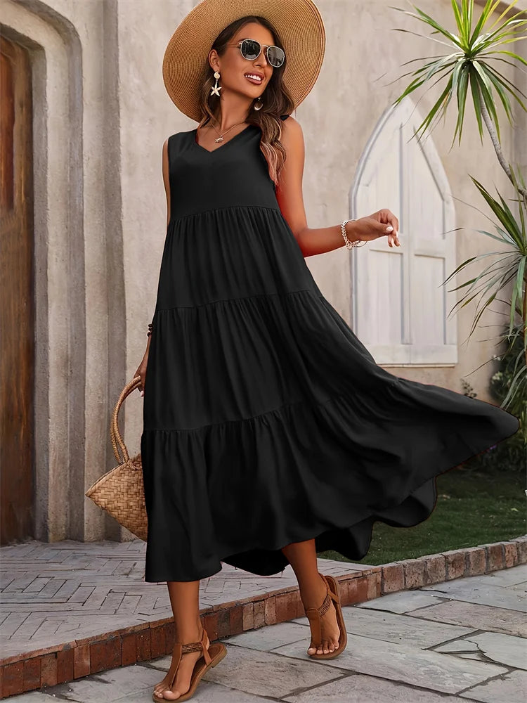 Abito lungo da donna senza maniche a balze – Stile estivo casual, leggero e svolazzante
