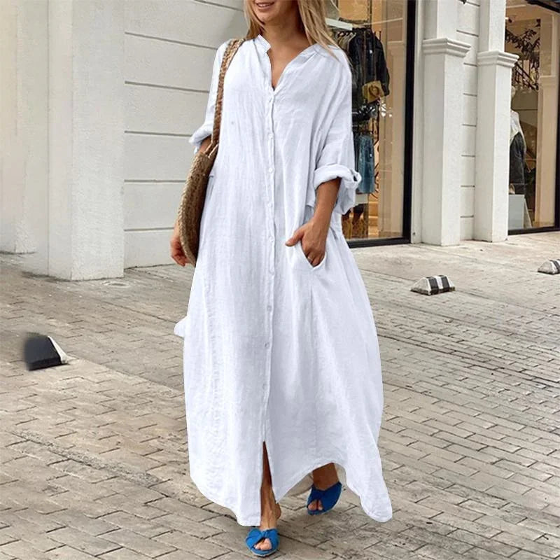Abito chemisier lungo Alara blu navy oversize in lino