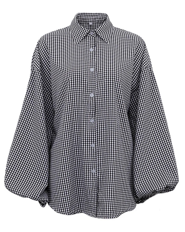 Elegante camicia oversize a quadri da donna – Maniche a palloncino con bottoni