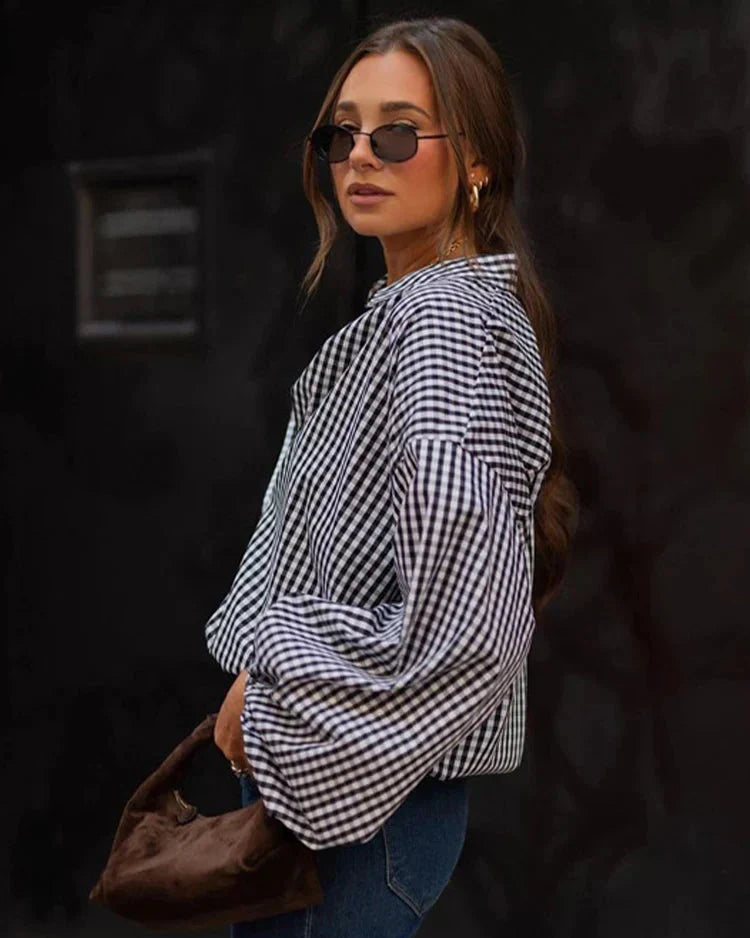 Elegante camicia oversize a quadri da donna – Maniche a palloncino con bottoni