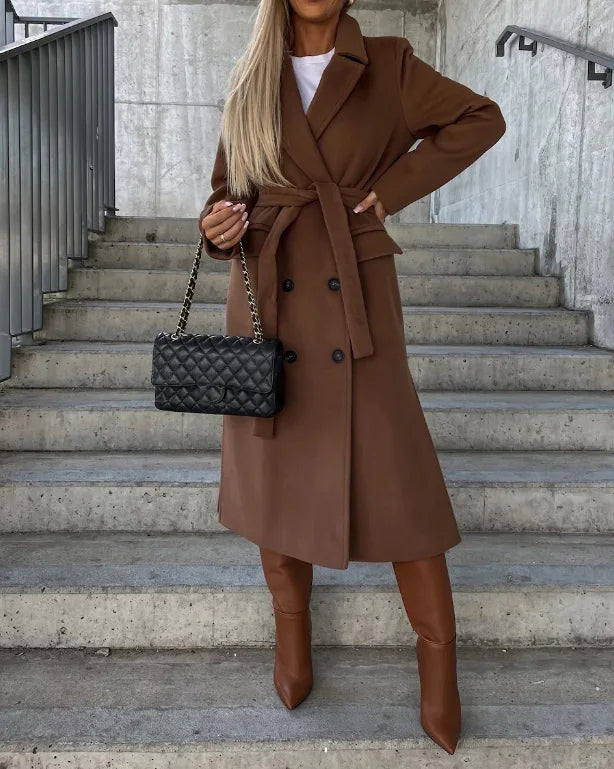 Cappotto lungo doppiopetto elegante e caldo da donna con cintura | Look classico ideale per autunno/inverno