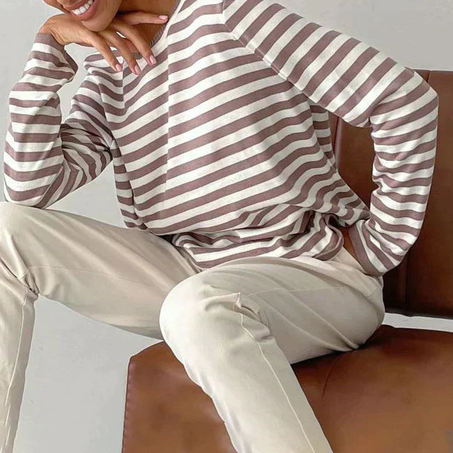 Felpa da donna a righe a maniche lunghe in maglia – Top casual con scollo rotondo