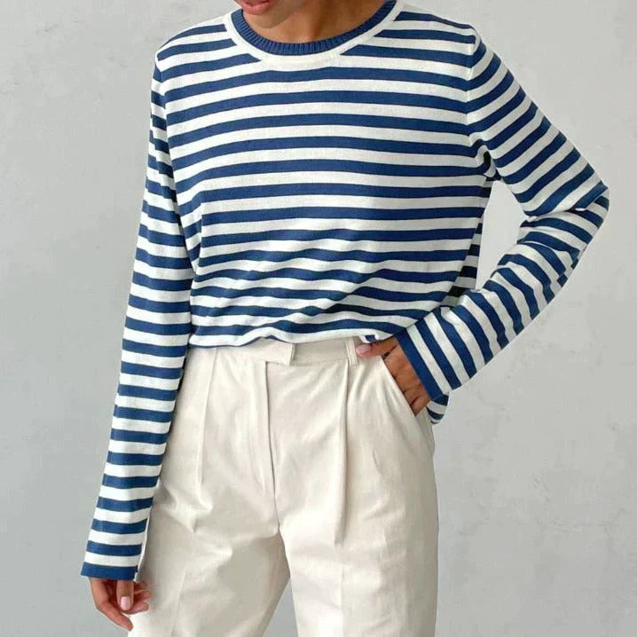 Felpa da donna a righe a maniche lunghe in maglia – Top casual con scollo rotondo