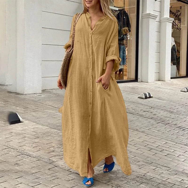 Abito chemisier lungo Alara blu navy oversize in lino