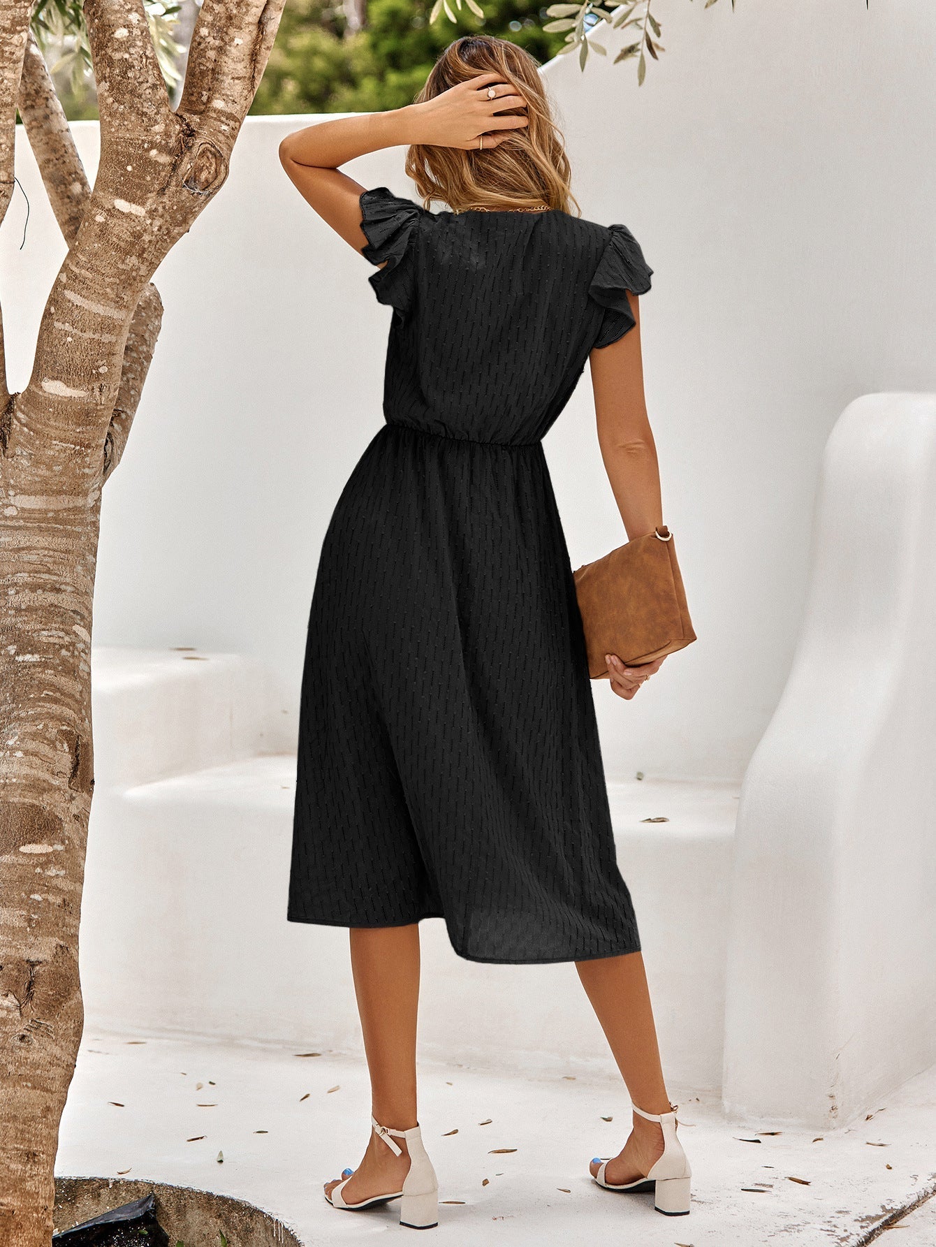 Abito midi da donna con volant e scollo a V – Elegante e leggero