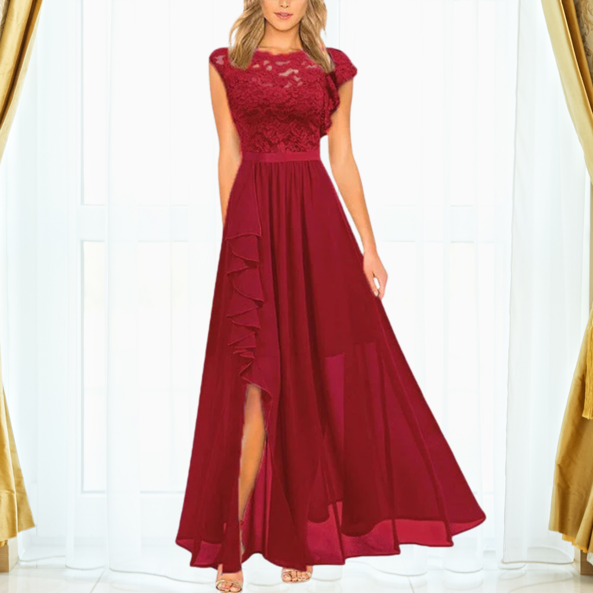 Abito maxi da donna in pizzo e chiffon – Elegante e raffinato