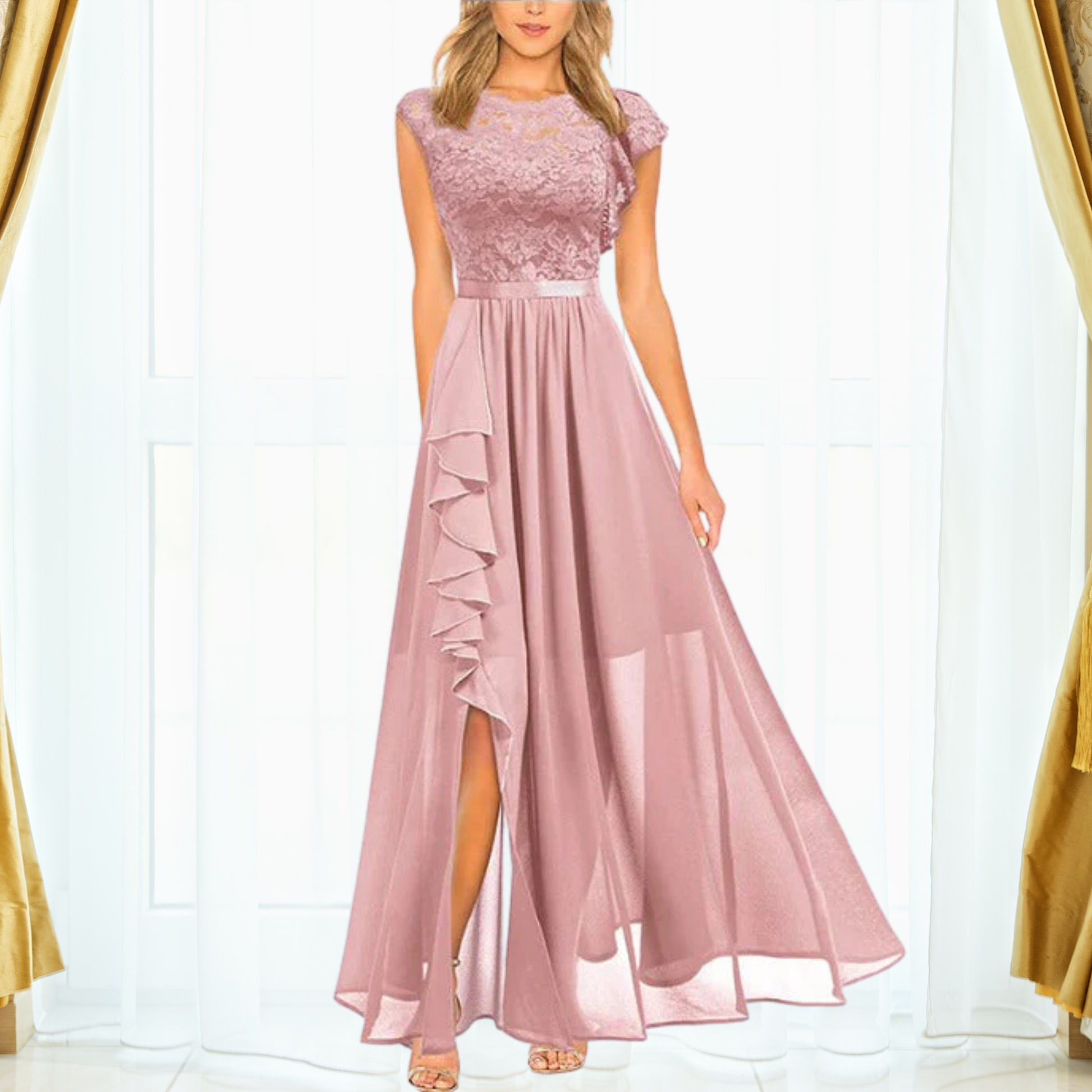 Abito maxi da donna in pizzo e chiffon – Elegante e raffinato