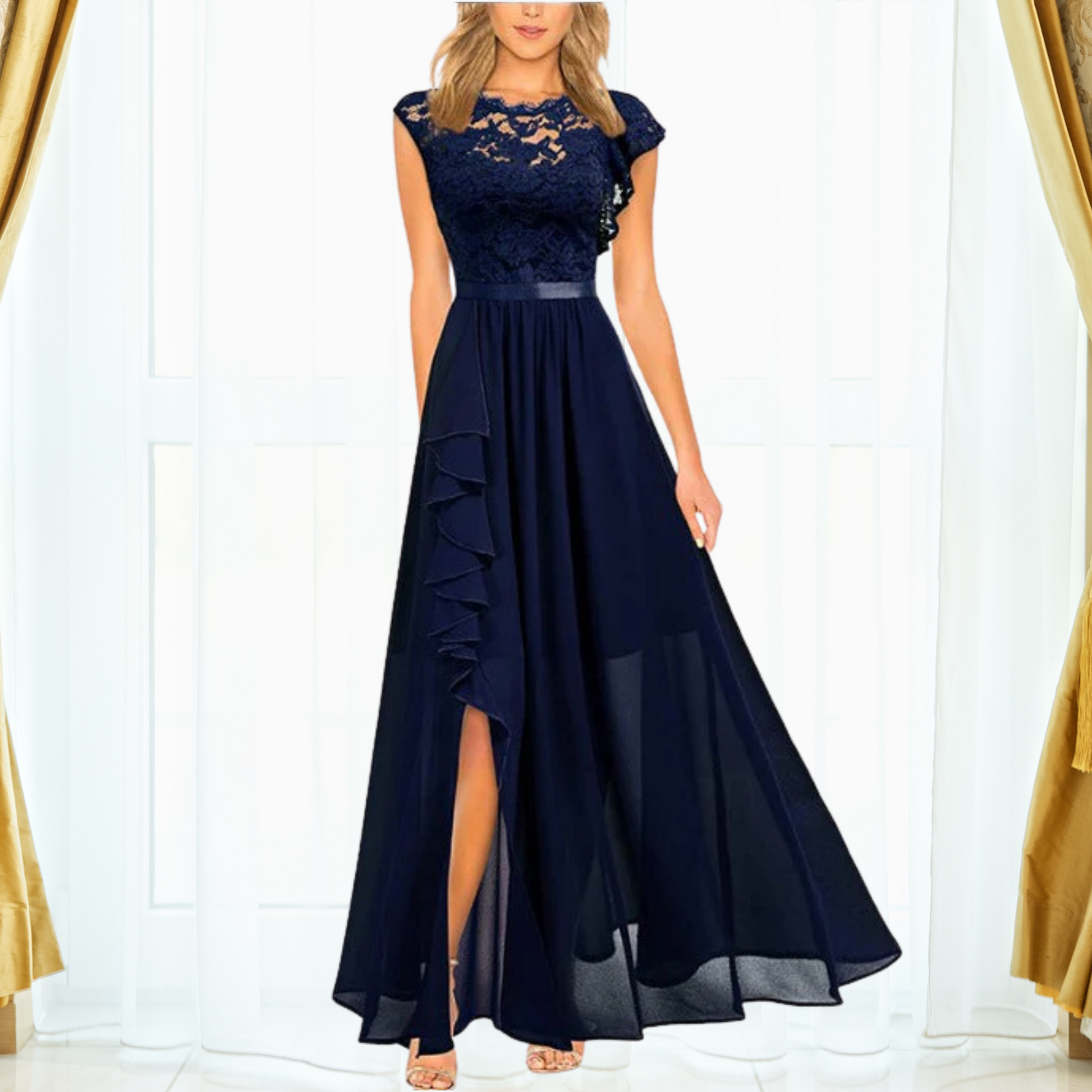 Abito maxi da donna in pizzo e chiffon – Elegante e raffinato