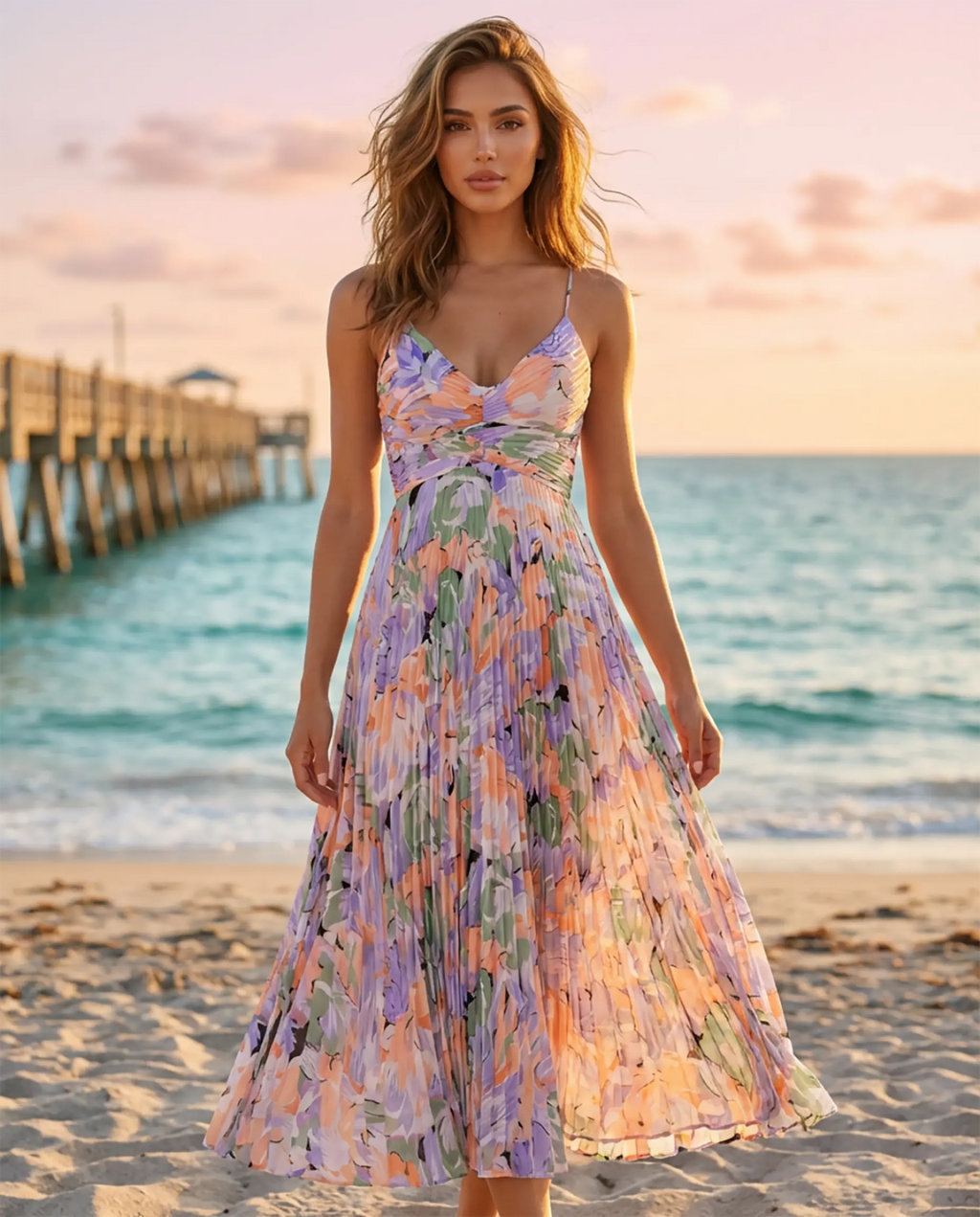 Abito midi da donna floreale con scollo a V - Elegante e leggero