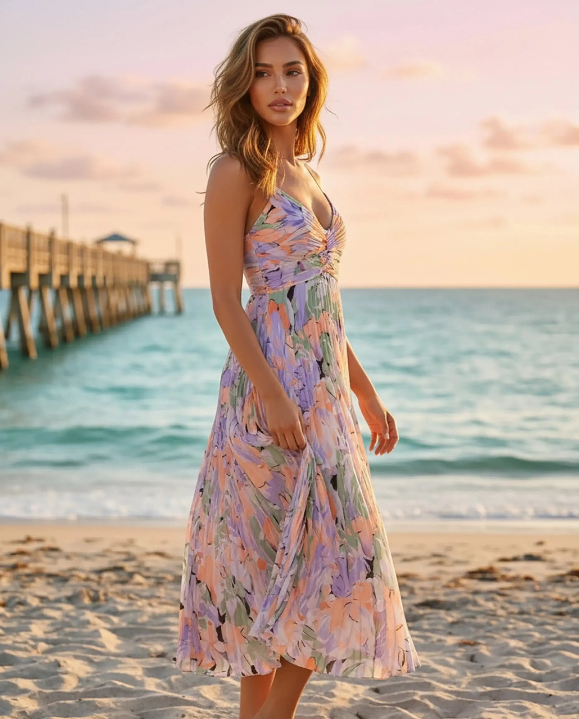 Abito midi da donna floreale con scollo a V - Elegante e leggero