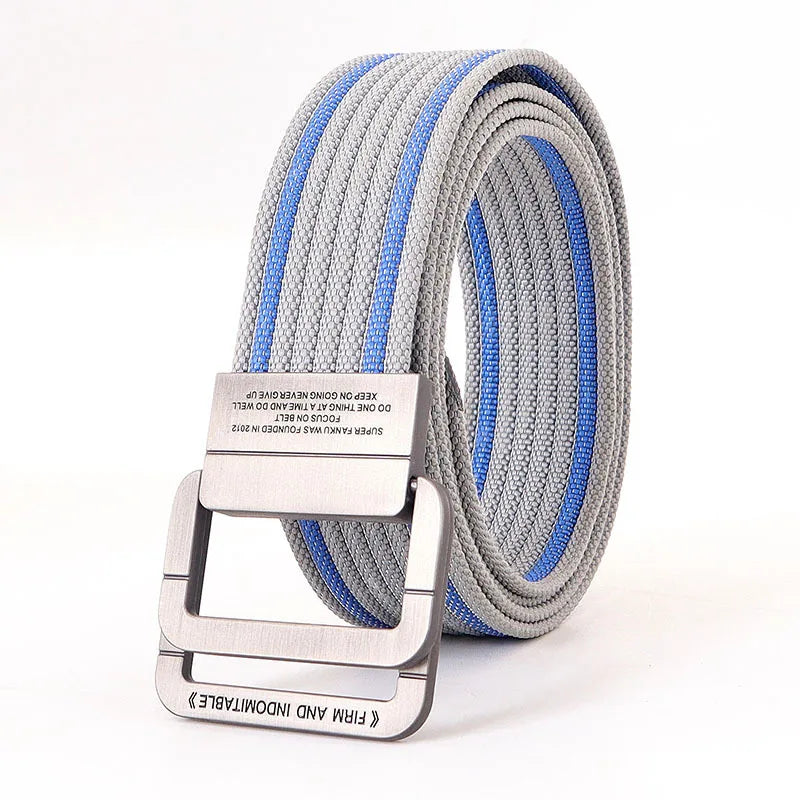 Cintura unisex in tela con fibbia a doppio anello in metallo - Cintura casual a righe