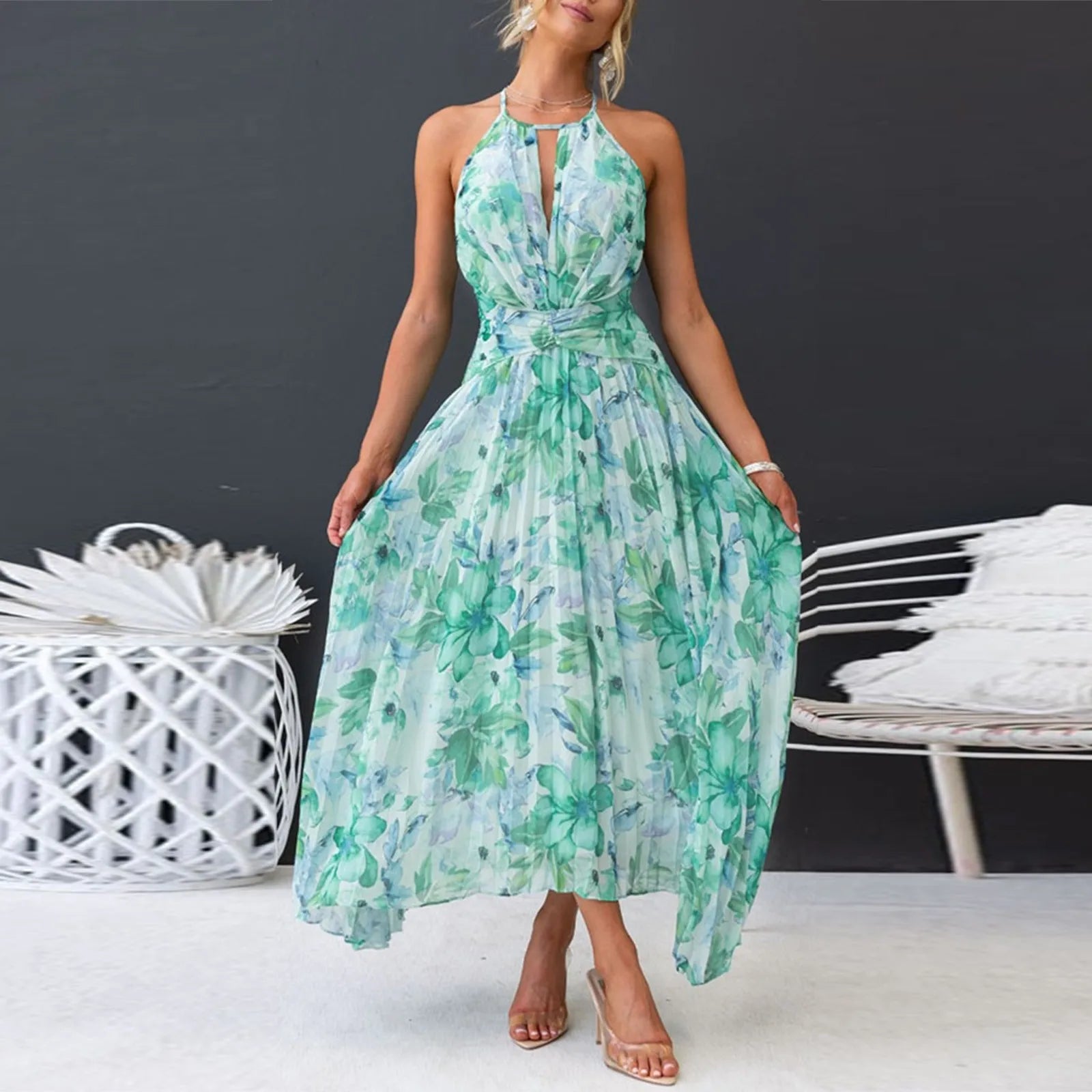 Abito maxi floreale da donna con collo halter - Boho ed elegante