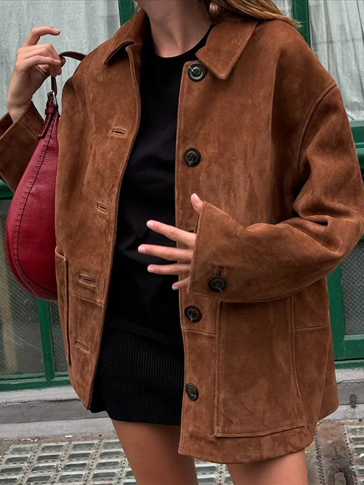 Giacca con risvolto e tasca - Cappotto autunnale versatile e caldo a maniche lunghe da donna