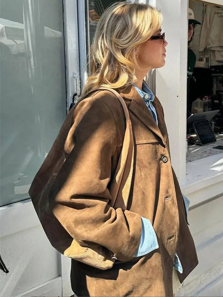 Giacca con risvolto e tasca - Cappotto autunnale versatile e caldo a maniche lunghe da donna