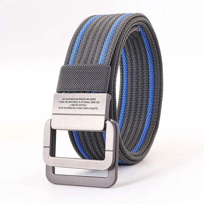 Cintura unisex in tela a righe – Cinturino casual con fibbia in metallo a doppio anello