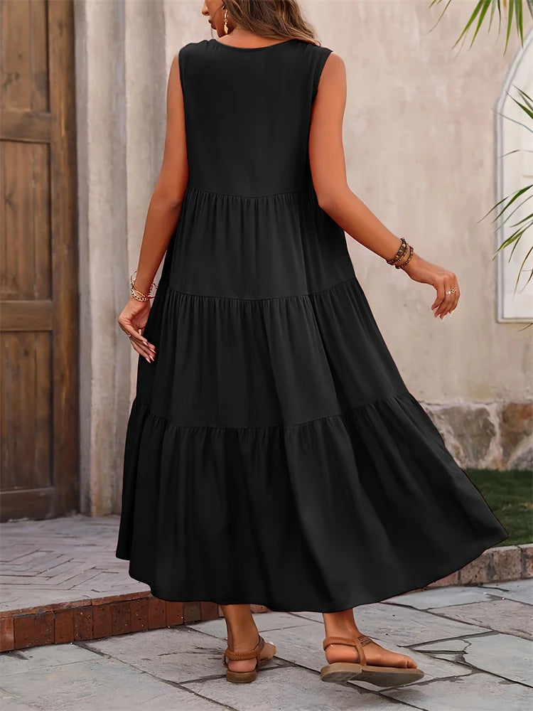 Abito lungo da donna senza maniche a balze – Stile estivo casual, leggero e svolazzante