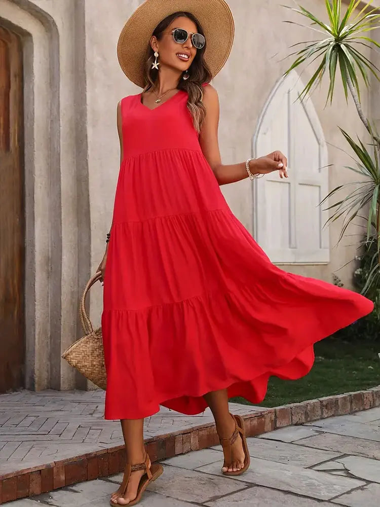 Abito lungo da donna senza maniche a balze – Stile estivo casual, leggero e svolazzante