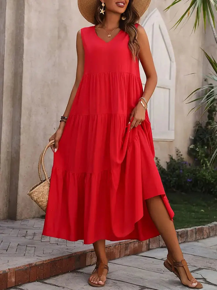 Abito lungo da donna senza maniche a balze – Stile estivo casual, leggero e svolazzante