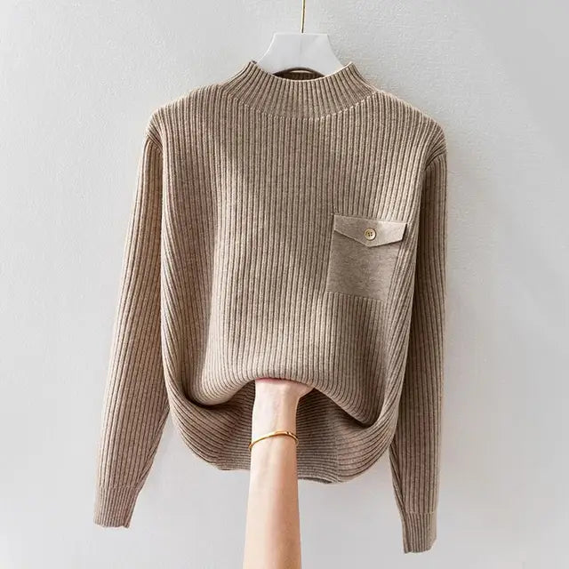 Elegante maglione a collo alto in maglia a coste da donna – Comodo pullover a maniche lunghe